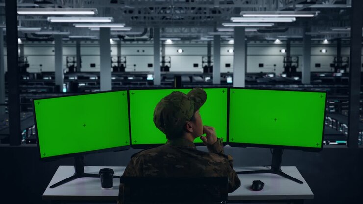 Back View Of Asian Military Thinking About Something While Working With Mock Up Multiple Computer Monitor In Data Center