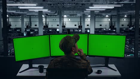 Back View Of Asian Military Thinking About Something While Working With Mock Up Multiple Computer Monitor In Data Center