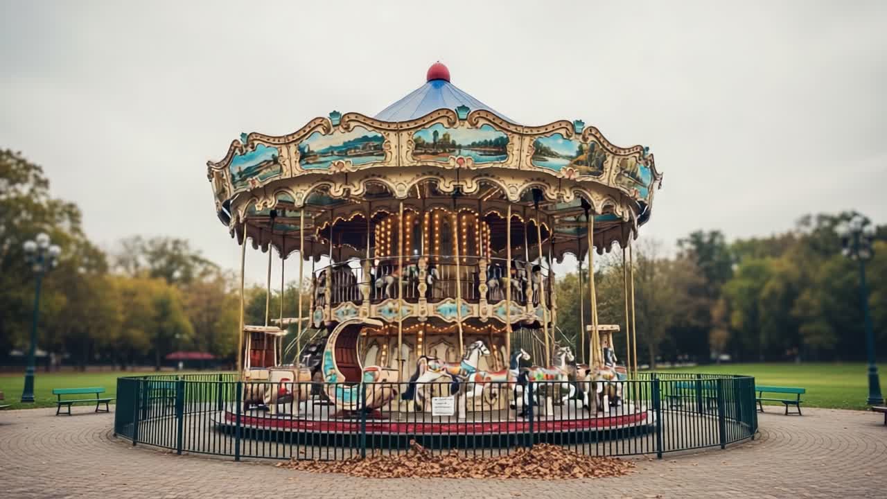Charming carousel in a tranquil park setting, showcasing intricately designed horses and vibrant colors, evoking nostalgia and joy in visitors of all ages