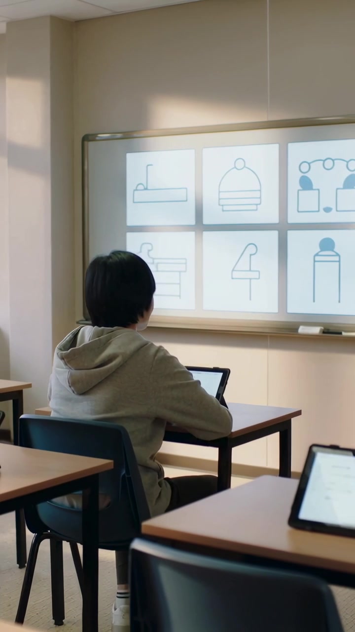 Vertical video: Reacting to teacher gesture hoodie pupil using tablet watching board in class doing