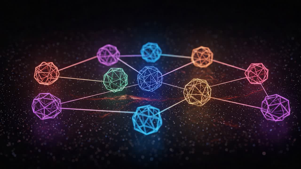 Illuminated Geometric Network Connecting Colorful Polyhedrons in a Dark Cosmic Background, Showcasing Interconnectedness of Shapes and Digital Artistry