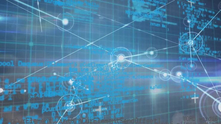 Animation of network of connections and data processing against clouds in the blue sky