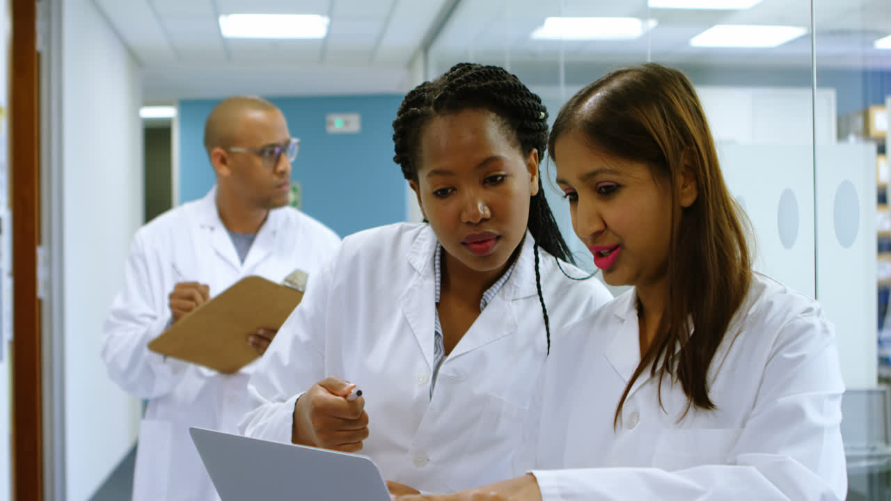 Team of scientists discussing over a laptop 4k