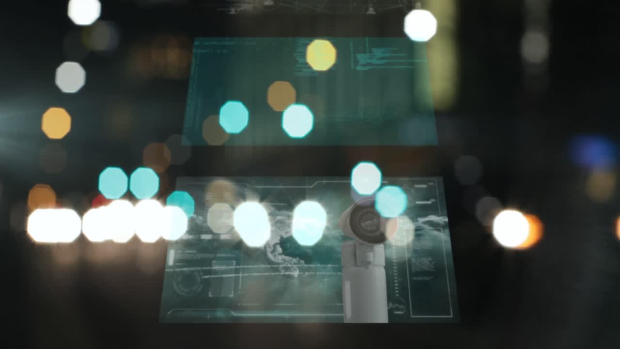 도시 풍경 위의 화면에서 데이터 처리의 애니메이션