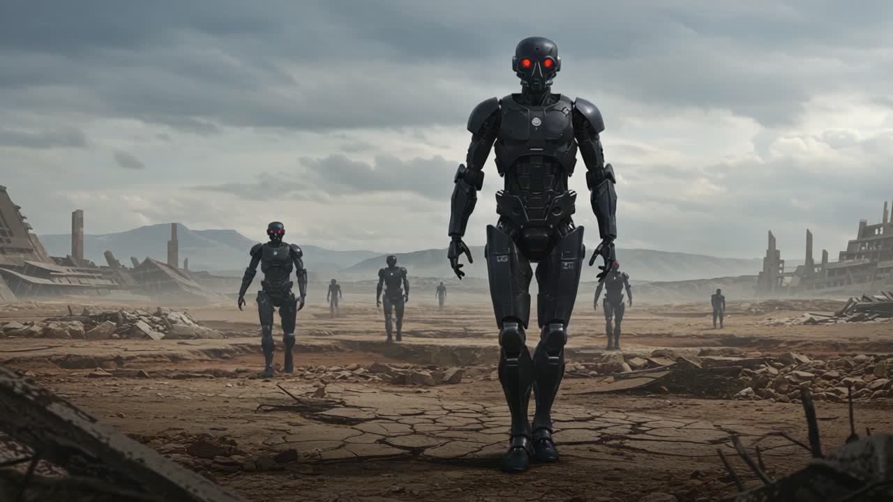 In a desolate landscape, a squad of futuristic robots emerges from the ruins, showcasing their advanced design and eerie red eyes amidst a backdrop of destruction and decay