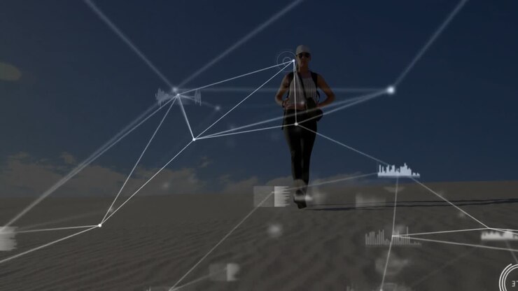 Woman hiker descending dune initiating technology HUD overlay with network charts tracking movement