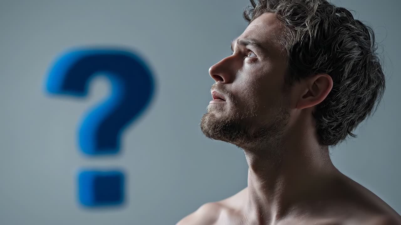 Uomo che pensa con sfondo con punto interrogativo blu