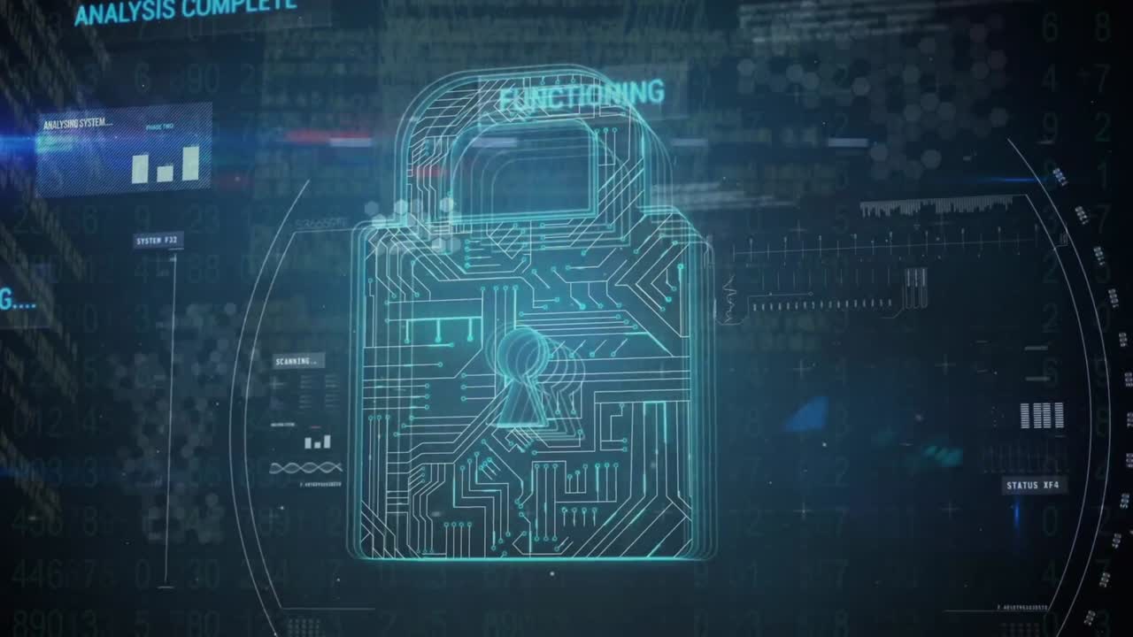 Animation of digital padlock with integrated circuit over data processing on black background