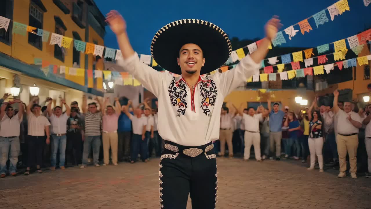 Ballerino di mariachi che festeggia in una piazza cittadina