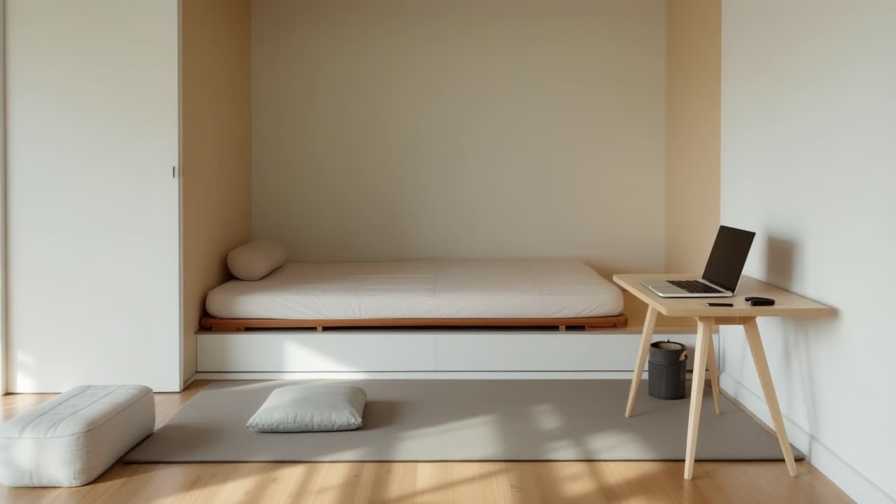 Sun shining in a minimalist bedroom with a laptop on a desk and a futon bed, creating a peaceful and productive atmosphere