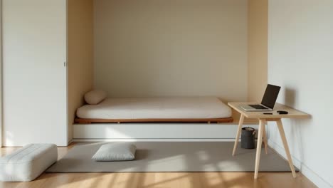 sun shining in a minimalist bedroom with a laptop on a desk and a futon bed, creating a peaceful and productive atmosphere
