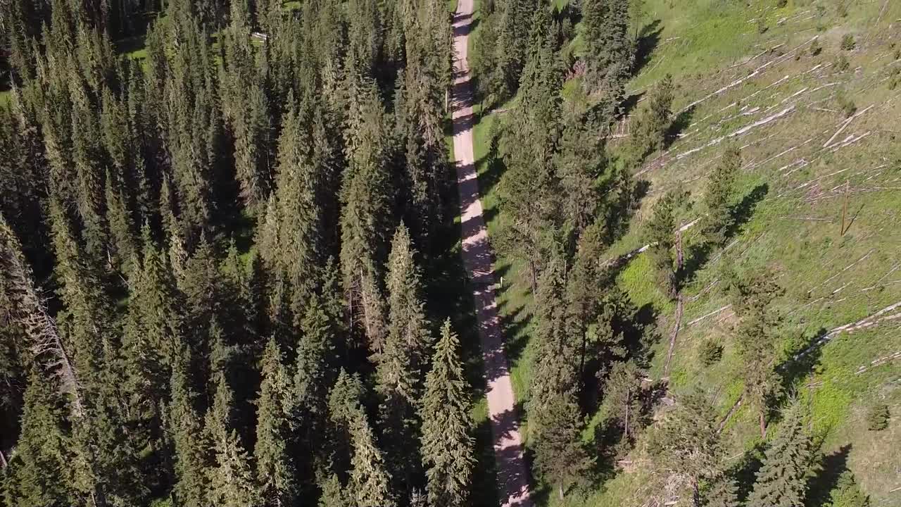 사우스다코타주 블랙힐스의 비포장 도로 위의 공중에서 아름다운 햇살이 내리쬐는 산골짜기를 드러내기 위해 패닝