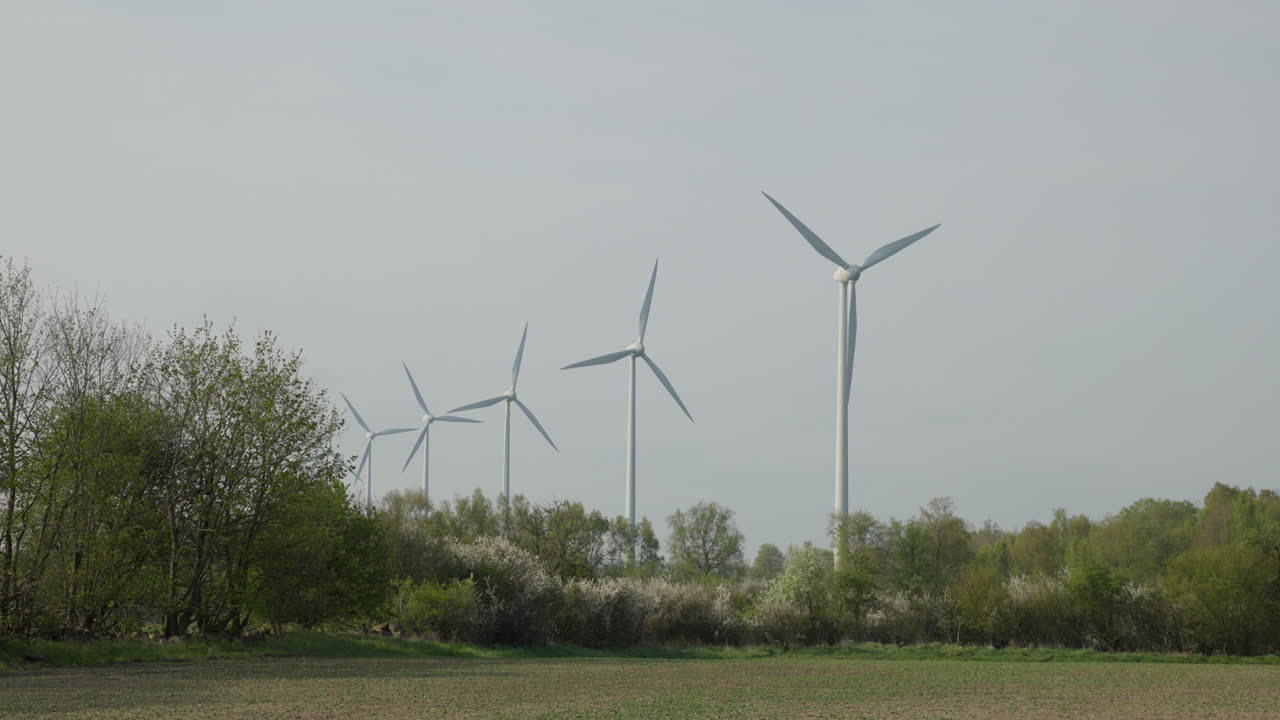 녹색 에너지 정적을 생성하는 자연의 회전 풍력 터빈 행