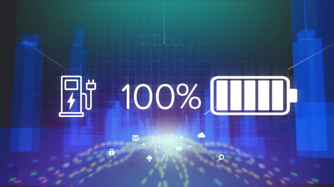 자동차 충전 인터페이스와 3d 도시 모델에 대한 빛 트레일 위의 디지털 아이콘의 애니메이션