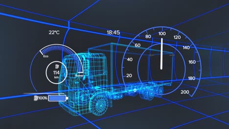 animación de la interfaz del coche sobre el camión digital en fondo negro.