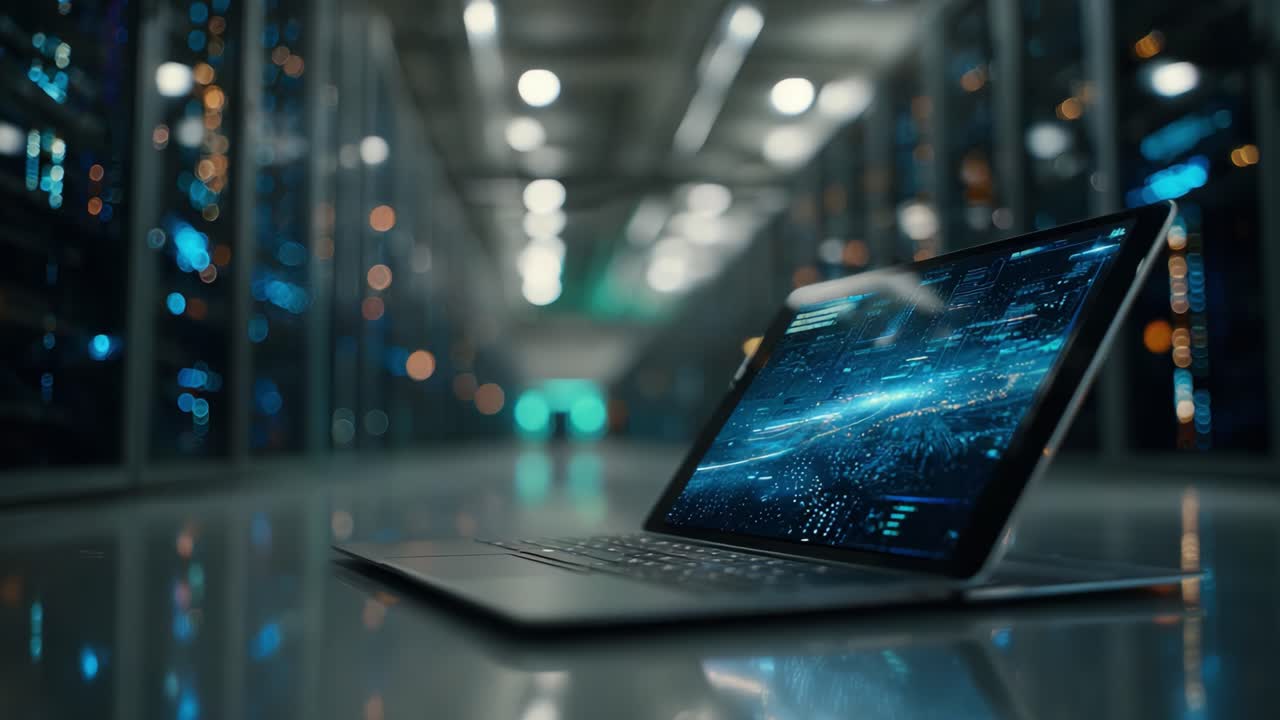 Unveiling the Digital Transformation: A Visual Journey Through Data Flow and Connectivity in a Modern Server Environment with High-Tech Displayed on a Laptop Screen