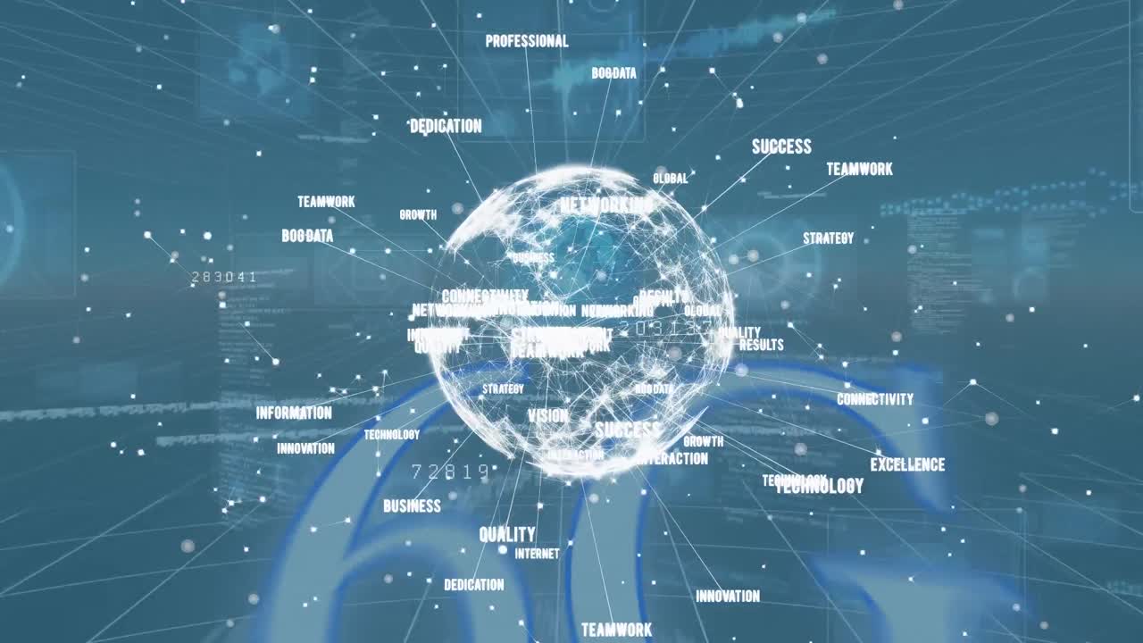 파란색 배경에 연결 및 데이터 처리를 가진 지구의 애니메이션