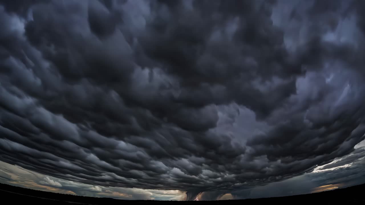 Dramatisk vidvinkelbillede af en stormfuld himmel med lyn, der indfanger den intense stemning.