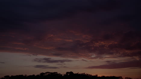 Impresionante-Lapso-De-Tiempo-De-Un-Amanecer-Mágico-Con-Colores-Dorados-Iluminando-Las-Nubes-Que-Pasan-Sobre-Un-Bosque