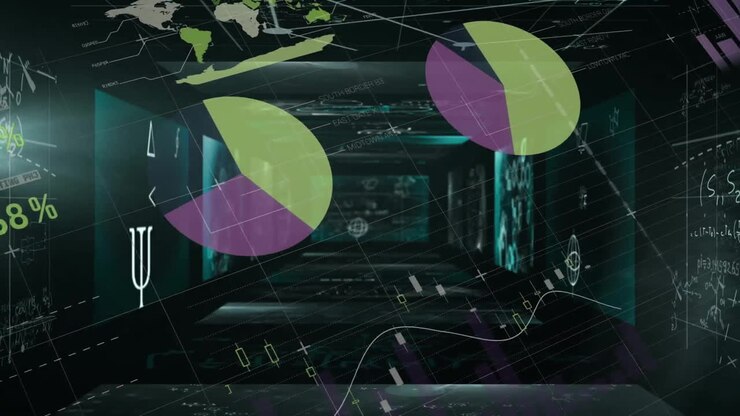 Animation of financial data processing over mathematical equations on black background