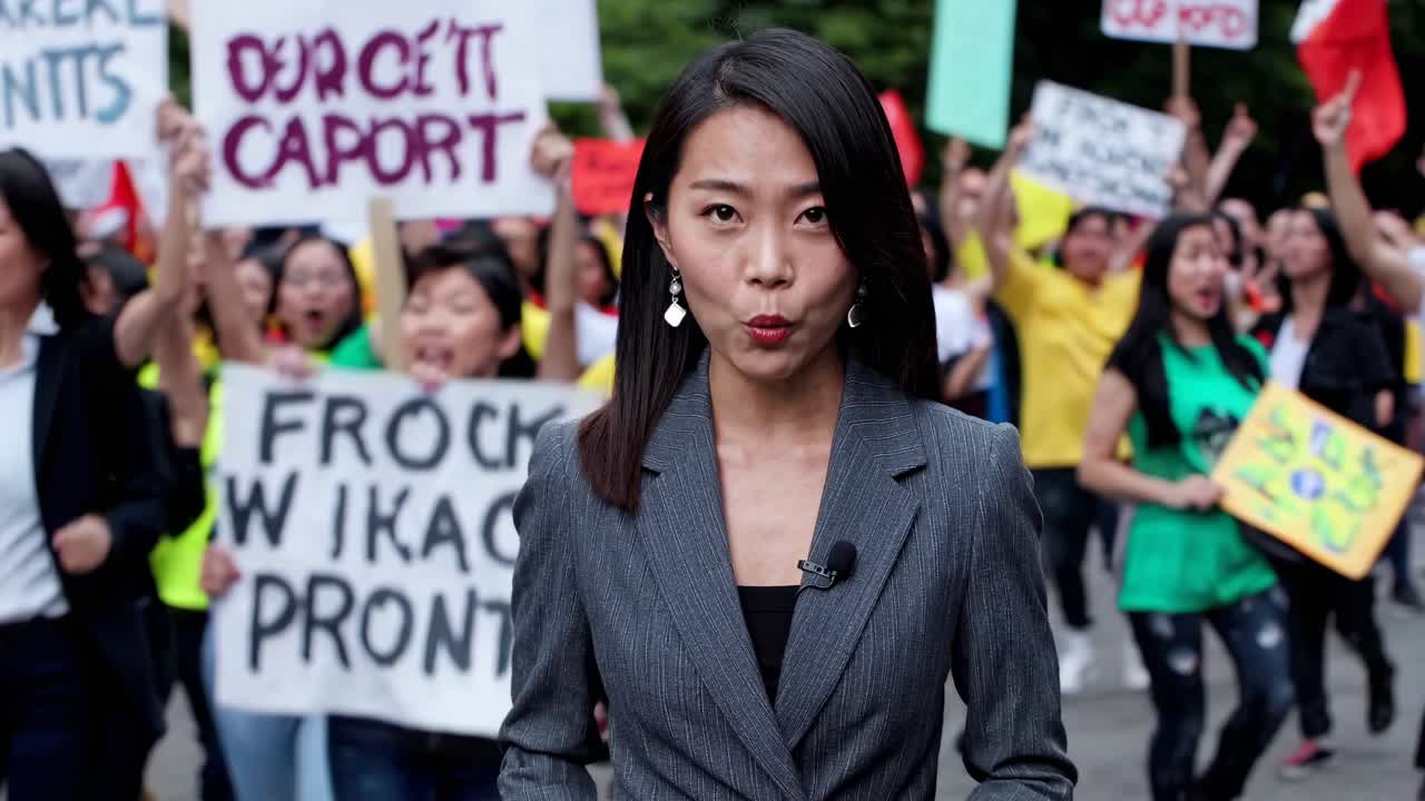 A news reporter in focus with a medium shot, delivering a report on a protest