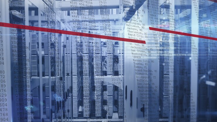 Animation of red lines and data processing over servers