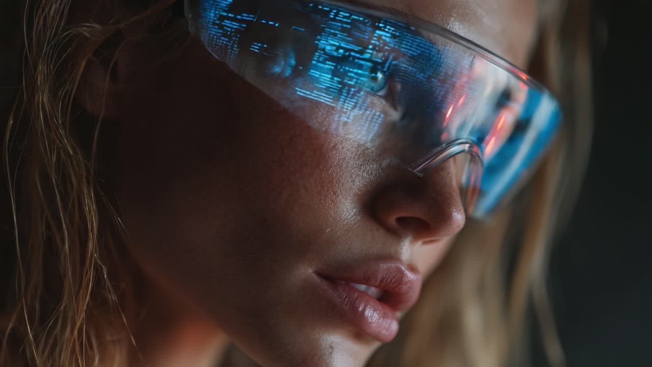 Intriguing Glimpse into the Future: A Close-Up of a Young Woman Wearing High-Tech Glasses with Glowing Digital Displays Reflecting a Futuristic Aesthetic
