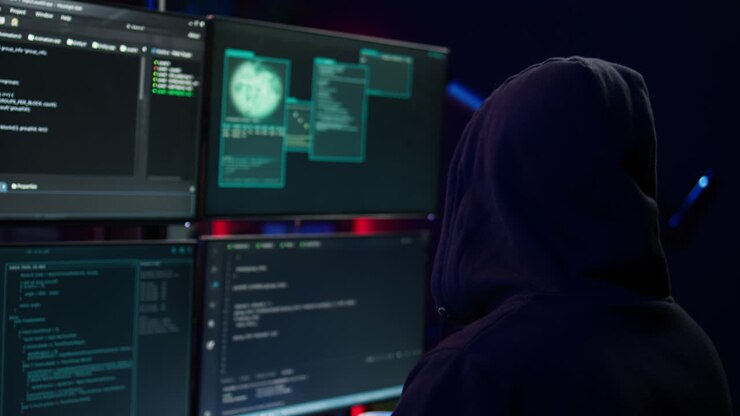 Close-up di un hacker che esegue il codice in un appartamento su monitor PC