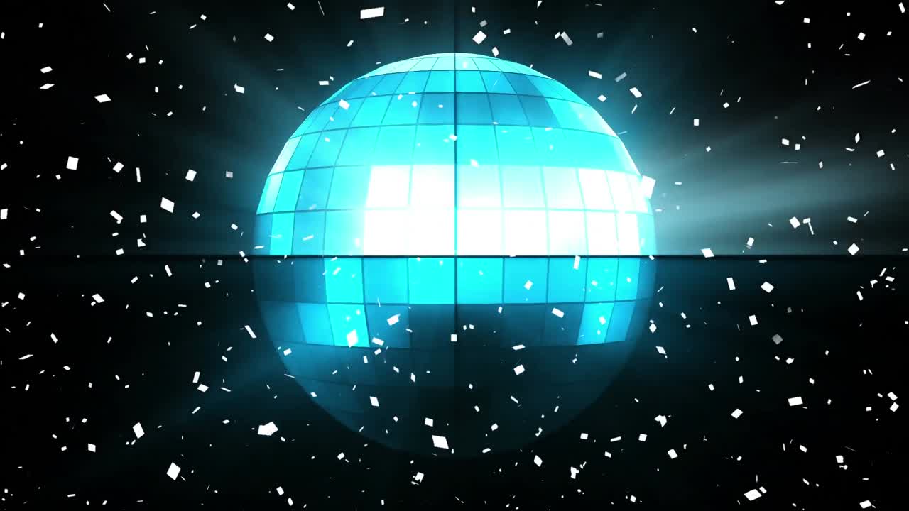 검은색 배경에 회전하는 디스코 공 위에 떨어지는 콘페티의 애니메이션