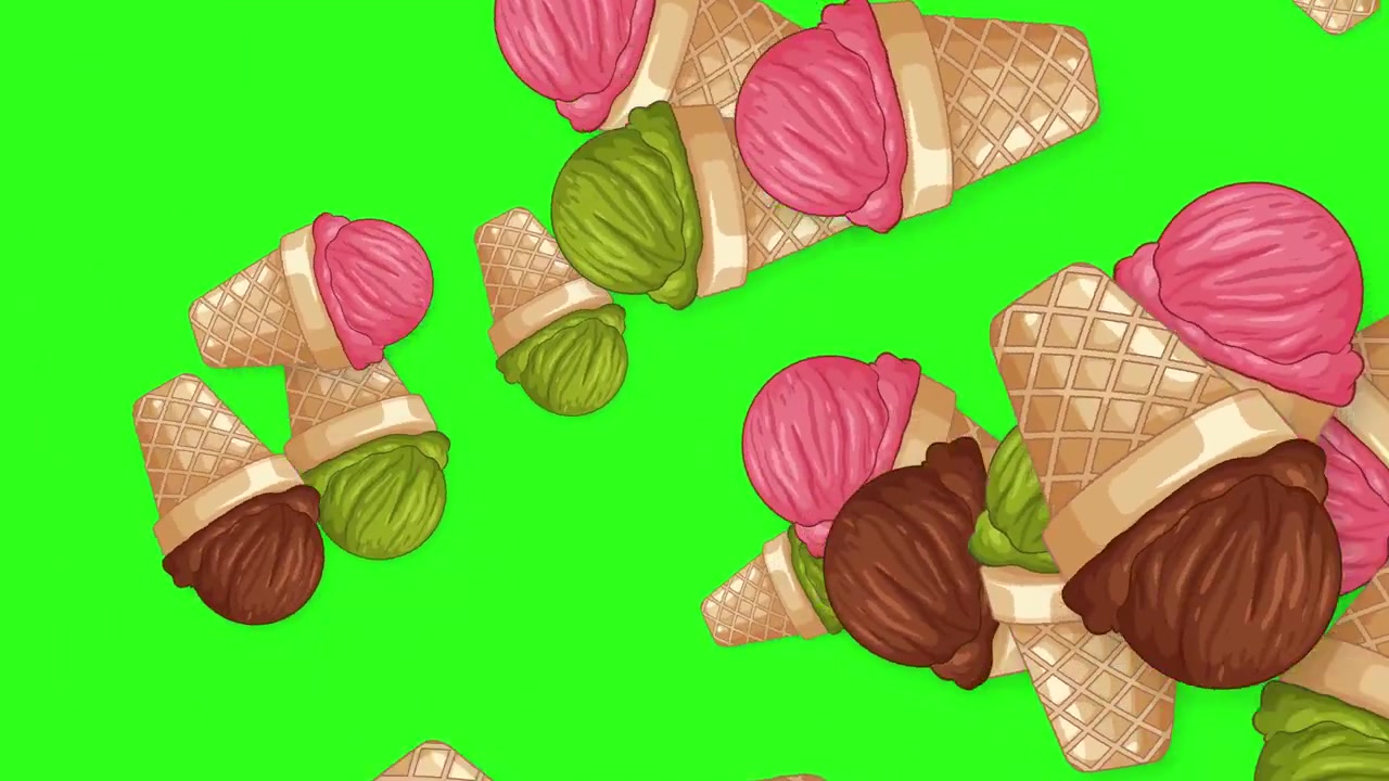 Colorati coni gelato a cartone animato cadono e rimbalzano su uno sfondo vibrante a schermo verde