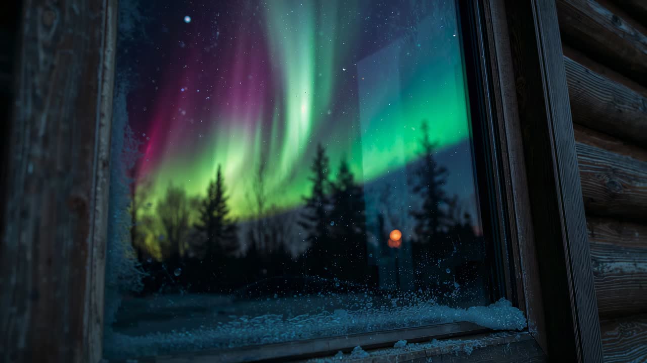 Shifting aurora after nightfall casting green pink bands through frosted cabin window with lanterns