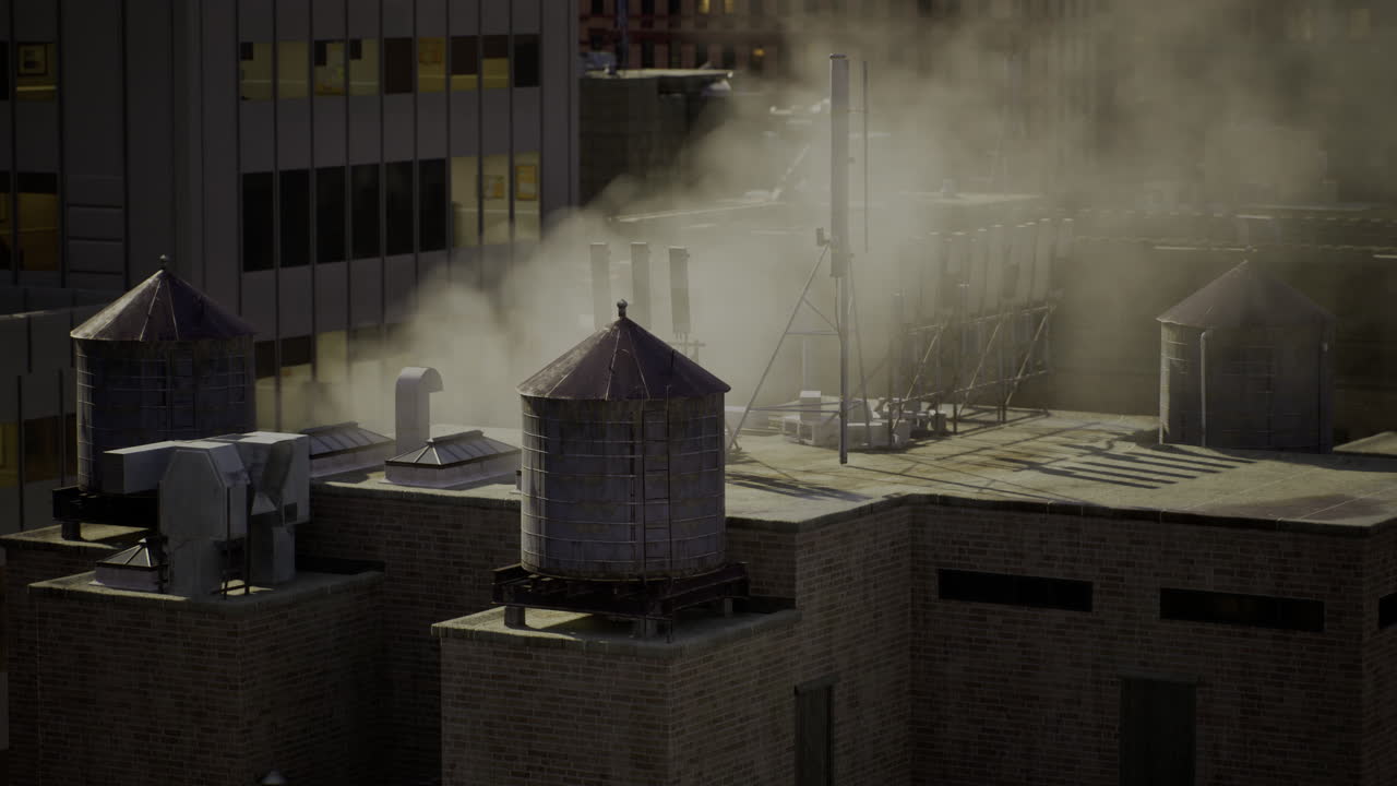 Urban rooftops with industrial water towers in a foggy morning setting