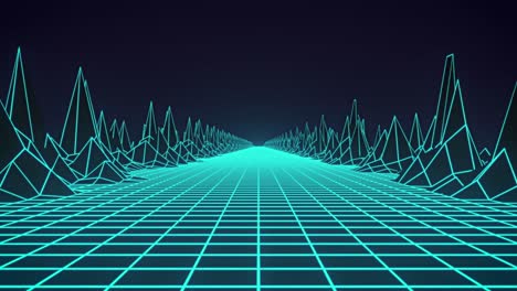 Animation-of-glowing-green-grid-and-map-with-mountains-moving-on-seamless-loop