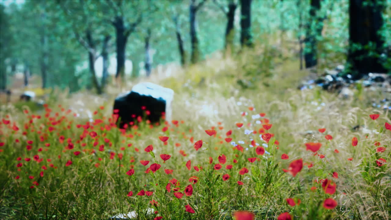 grass field and forest trees
