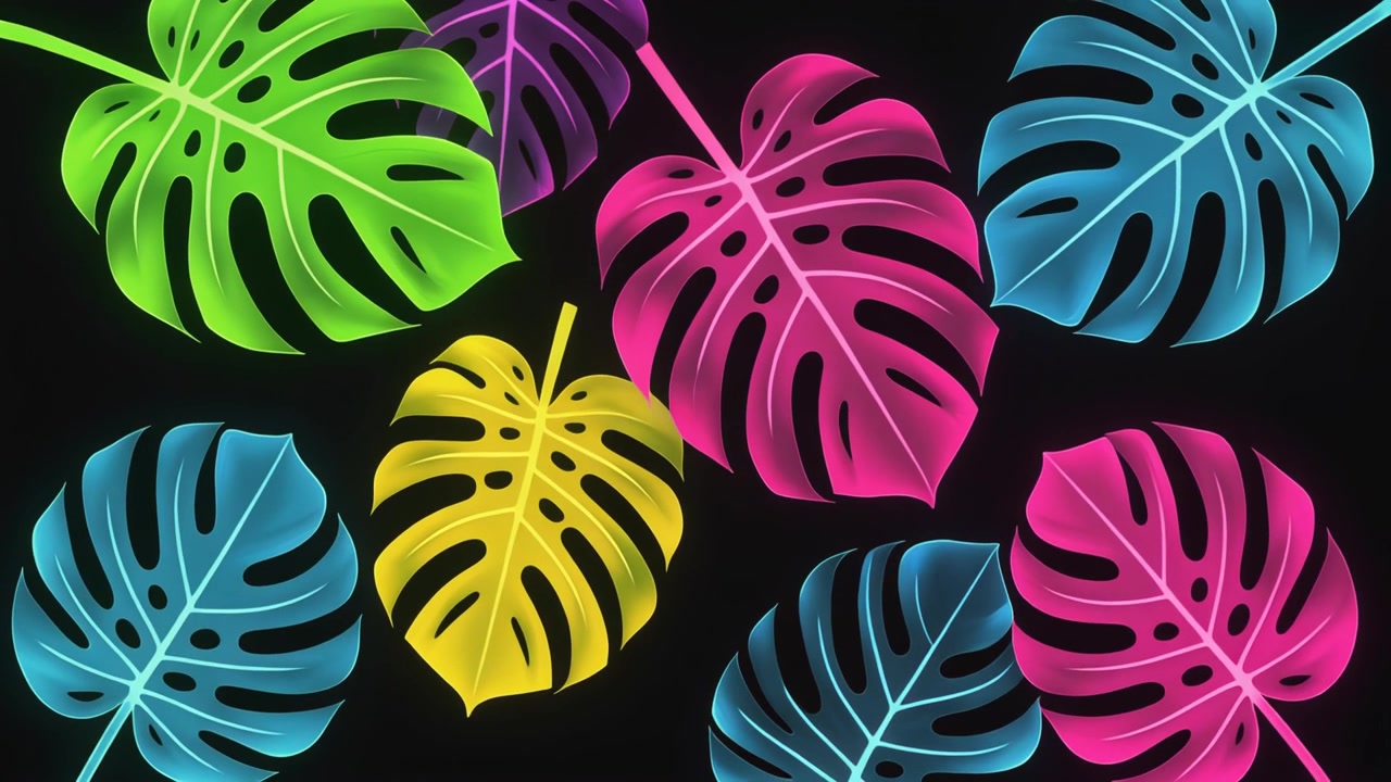 Neon Glowing Monstera Leaves Pattern on Black Background
