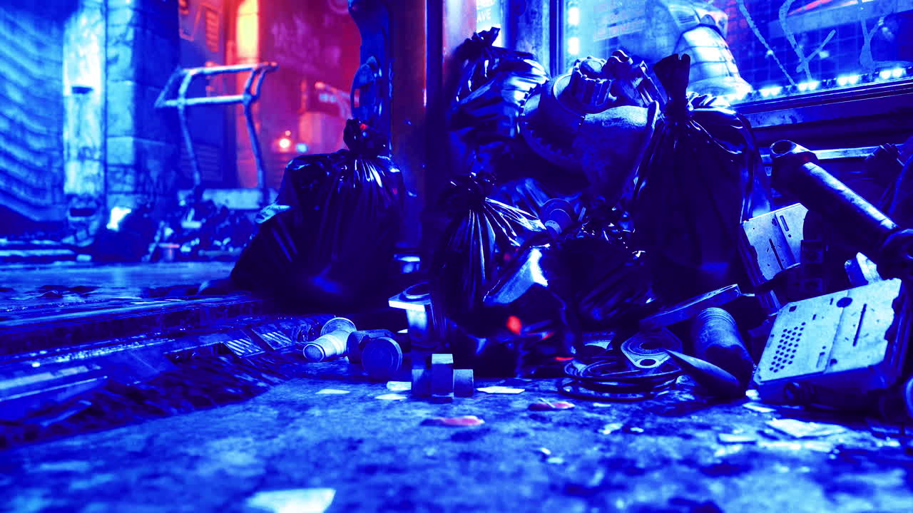 Waste and debris accumulate in an urban alley illuminated by neon lights