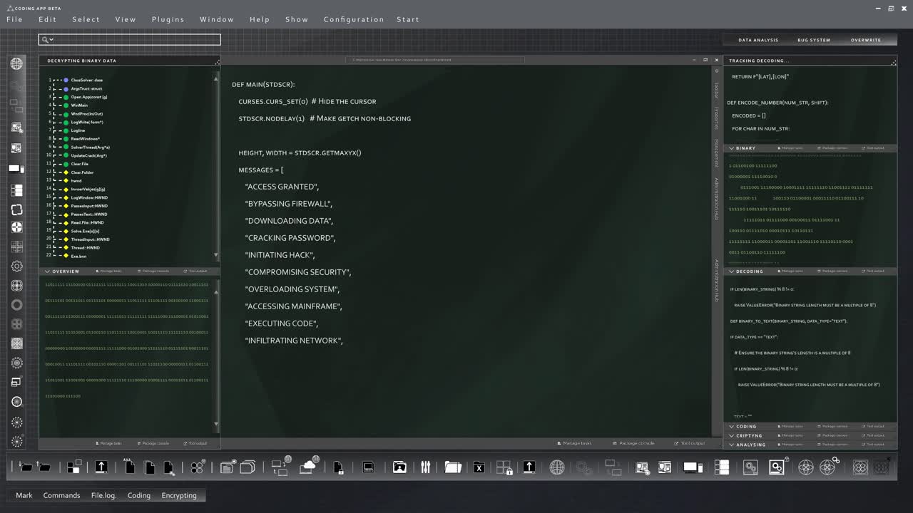 interfejs użytkownika przeznaczony dla informatyków, prezentujący animowany kod binarny