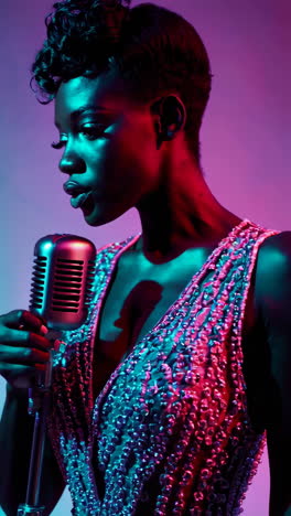 vibrant singer with vintage microphone in neon light