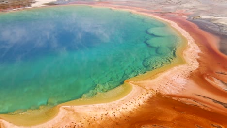 aerial 4k footage of grand prismatic spring in yellowstone national park, wyoming, usa