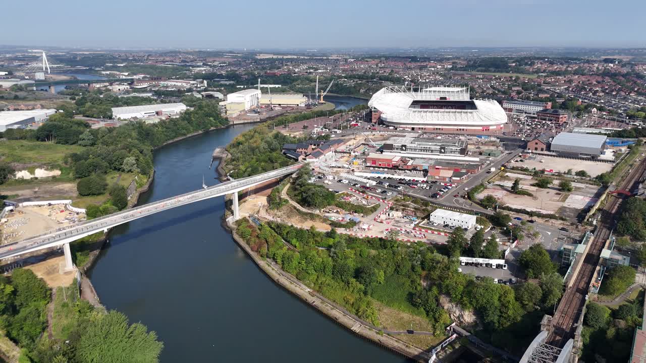 Aerial drone view of Sunderland north east england uk tyne and wear wearside river early morning stadium of light monkwearmouth bridge