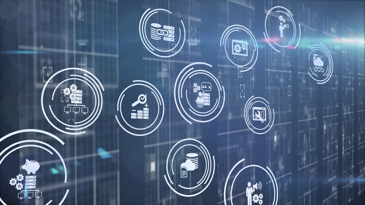 Animation of financial data processing over dark background