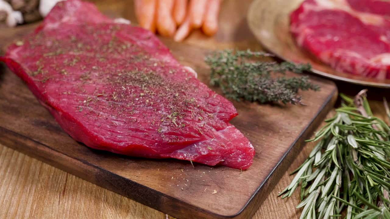 Beef steaks and fresh ingredients on a wooden board