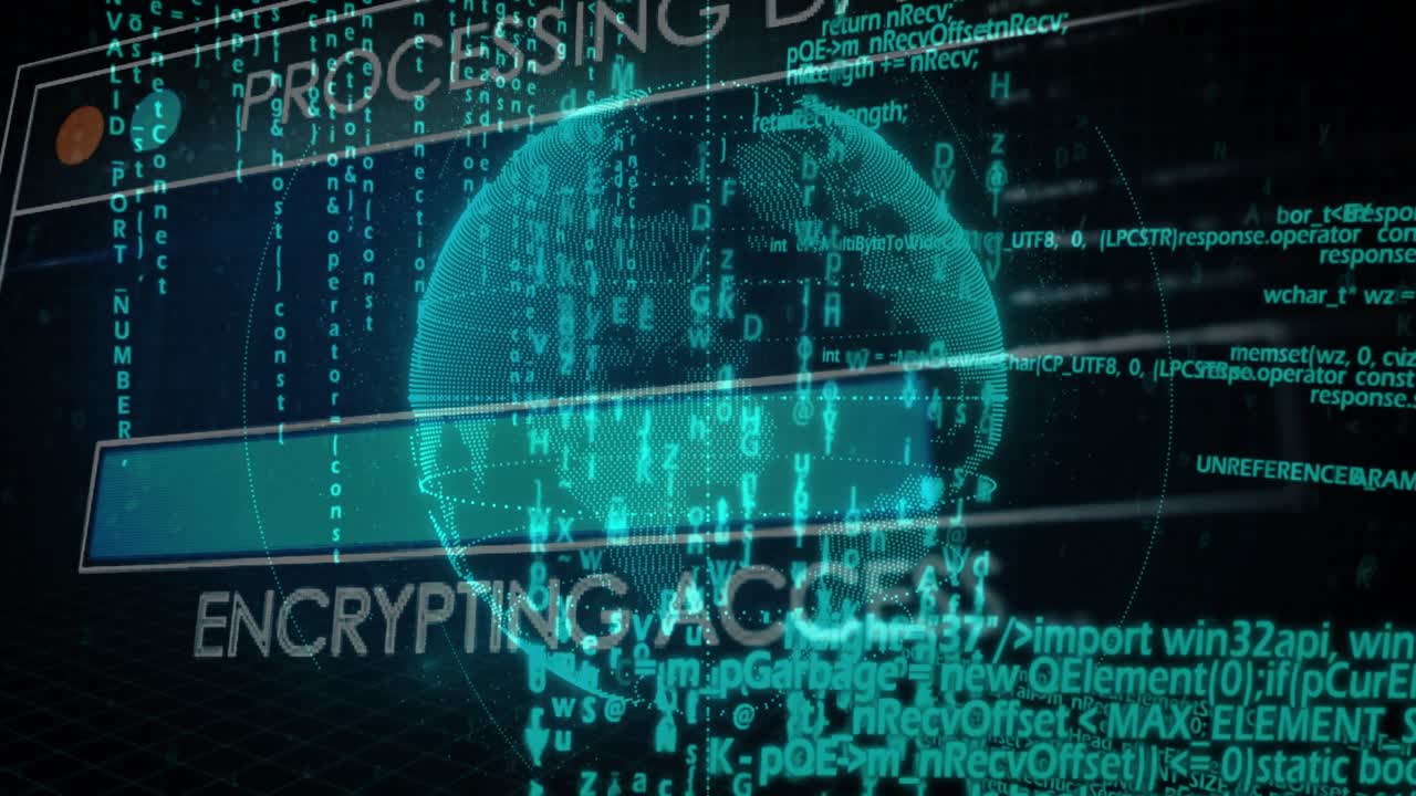 Processing header popping holo globe rotating and scanning while progress bar filling securing data