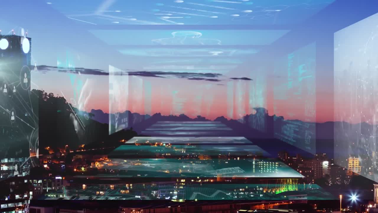 도시 풍경 위에서 통계 및 데이터 처리와 함께 움직이는 화면의 애니메이션