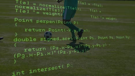 data processing against team of male soccer players playing football on sports field