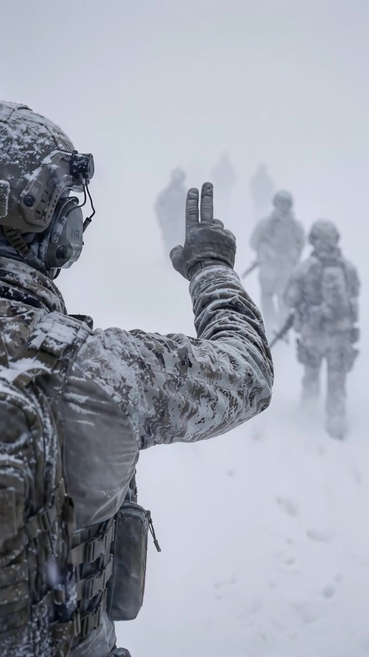 Snow-coated service member gestures from foreground as equipped personnel walk ahead through low-visibility snowfall, their silhouettes and tracks receding across pale frozen terrain.
