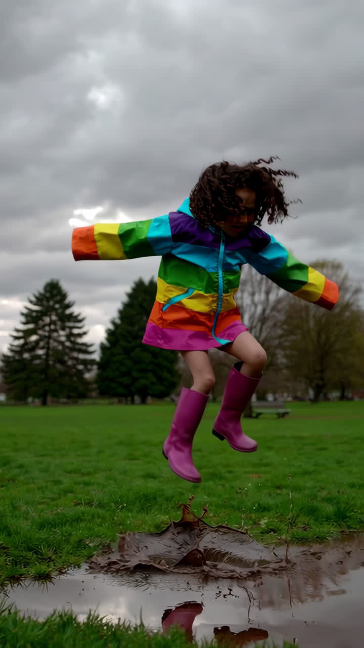 A child jumps and splashes in a muddy puddle in a park