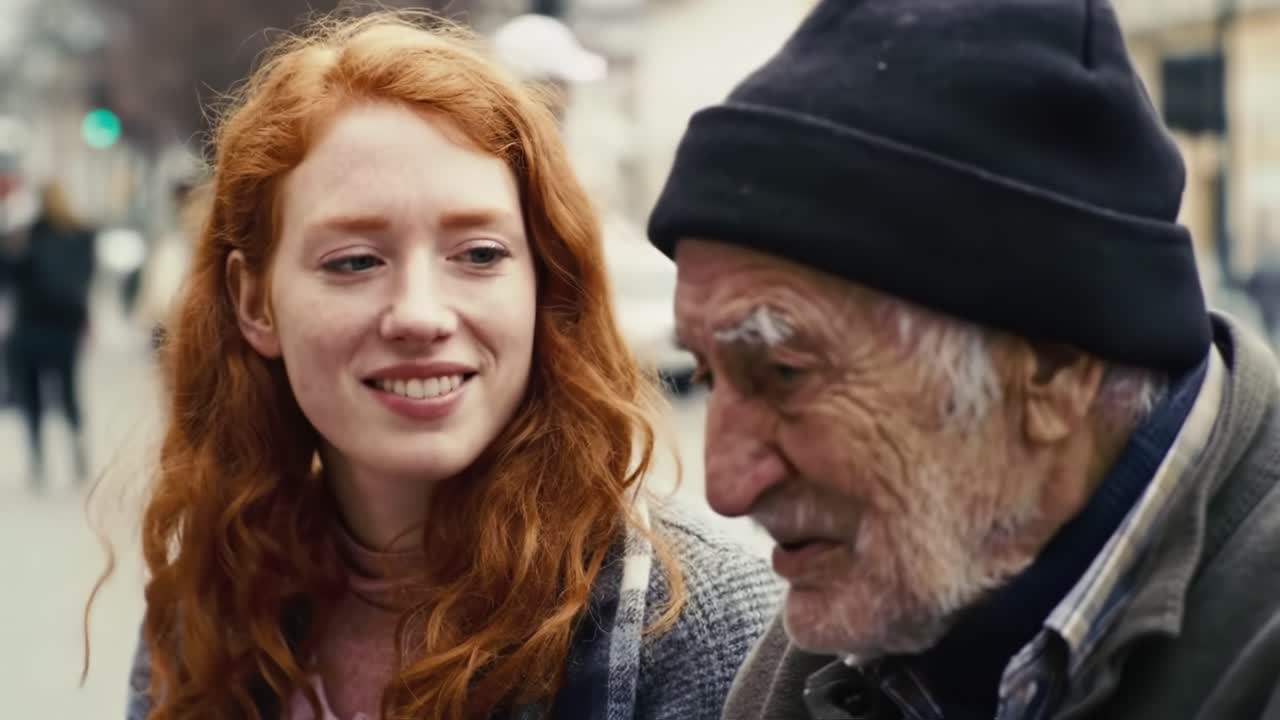 A young woman with red hair shares a warm conversation with an elderly man in a winter beanie. They are seated together on a bustling urban street during a cool autumn day.