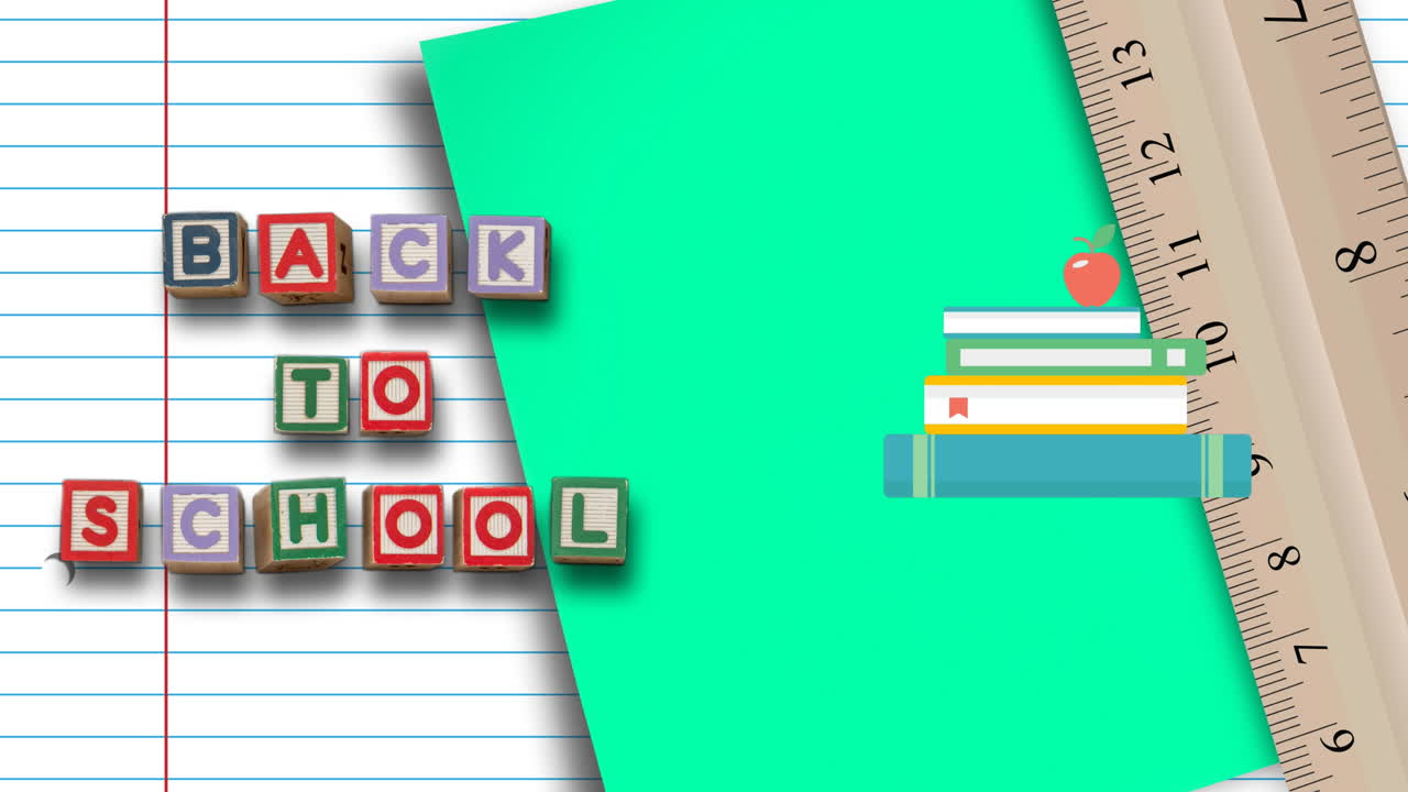Animation of back to school text over notebook