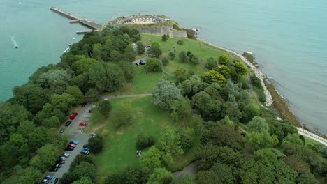 Bird's-Eye-View-Of-Weymouth's-Historic-Sea-Fort-On-The-Jurassic-Coast---Nothe-Fort---aerial-drone-shot
